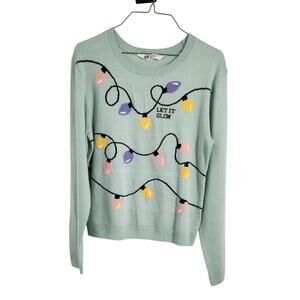 H&M Mint Green Christmas Lights "Let It Glow" Sweater Womens Size 20